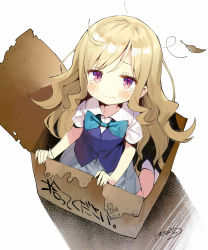 Rule 34 | 1girl, ahoge, black footwear, blonde hair, blue bow, blue bowtie, blue skirt, blue vest, blush, bow, bowtie, box, cardboard box, closed mouth, collared shirt, commentary request, fingernails, from above, gaou (umaiyo puyoman), highres, in box, in container, kneeling, leaf, long hair, looking at viewer, original, pleated skirt, puffy short sleeves, puffy sleeves, purple eyes, shirt, shoes, short sleeves, signature, skirt, socks, solo, tears, translation request, vest, wavy mouth, white shirt, white socks, wing collar