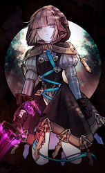 Rule 34 | 1boy, absurdres, black background, brown gloves, brown hair, brown hood, closed mouth, crossdressing, fingerless gloves, gloves, green eyes, gretel (sinoalice), highres, holding, holding sword, holding weapon, long sleeves, looking at viewer, short hair, sinoalice, solo, sword, towada-san (thank39), trap, weapon