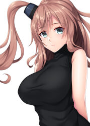 Rule 34 | 1girl, absurdres, arms behind back, black dress, blue eyes, blush, breasts, brown hair, closed mouth, dress, hair between eyes, highres, kantai collection, large breasts, long hair, looking at viewer, ruin re birth, saratoga (kancolle), side ponytail, simple background, sleeveless, sleeveless dress, smile, solo, upper body, white background