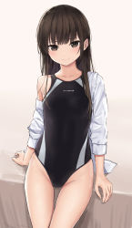 Rule 34 | 1girl, akipeko, black eyes, black one-piece swimsuit, blush, brown eyes, brown hair, closed mouth, collarbone, commentary request, competition swimsuit, cowboy shot, highleg, highleg swimsuit, highres, long hair, long sleeves, looking at viewer, off shoulder, one-piece swimsuit, open clothes, open shirt, original, shirt, simple background, single bare shoulder, sitting, smile, solo, straight hair, swimsuit, thigh gap, white shirt
