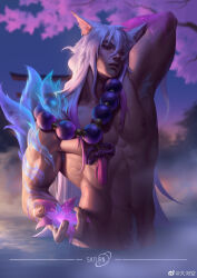 Rule 34 | 1boy, abs, absurdres, animal ears, arm behind head, armpit hair, armpits, bara, bead necklace, beads, cherry blossoms, completely nude, cutout above navel, flower, fox boy, fox ears, highres, holding, holding flower, jewelry, large pectorals, league of legends, looking at viewer, male focus, muscular, muscular male, necklace, nipples, nude, partially submerged, pectorals, saturn (satscarlet), sett (league of legends), short hair, solo, spirit blossom sett, stomach, sunrise, water, wet