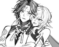 Rule 34 | 1boy, 1girl, blush, cheek poking, couple, genshin impact, greyscale, height difference, hetero, highres, jewelry, lumine (genshin impact), mikanyuzu, monochrome, necklace, open mouth, pearl necklace, poking, short hair, simple background, sweat, upper body, white background, xiao (genshin impact)