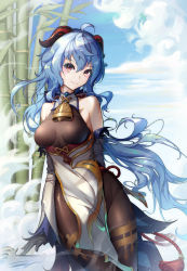 Rule 34 | 1girl, absurdres, ahoge, bamboo, bare shoulders, bell, black gloves, black pantyhose, blue hair, breasts, chinese knot, curled horns, detached sleeves, fog, ganyu (genshin impact), genshin impact, gloves, gold trim, hd-hlh-3h, highres, horns, long hair, looking at viewer, medium breasts, neck bell, pantyhose, purple eyes, smile, solo, standing, tassel, thighlet, white sleeves