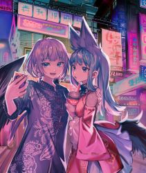 Rule 34 | 2girls, :d, angel wings, animal ears, arm around shoulder, blue eyes, bob cut, building, cellphone, city, cup, cyberpunk, detached sleeves, disposable cup, dress, drinking straw, earrings, female focus, fox ears, fox tail, highres, holding, holding cup, holding phone, jewelry, looking at phone, multiple girls, neon lights, open mouth, original, outdoors, phone, ponytail, purple hair, pyoko (cococecece), selfie, sidelocks, sign, smartphone, smile, tail, wings
