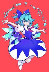 Rule 34 | 1girl, :&lt;, antenna hair, arlmuffin, blue bow, blue dress, blue eyes, blue hair, bow, cirno, cirno day, dated, detached wings, dress, full body, hair between eyes, hair bow, half updo, heart, highres, ice, ice wings, looking at viewer, medium hair, outstretched arms, purple neckwear, red background, shoes, short sleeves, simple background, solo, touhou, white footwear, wings