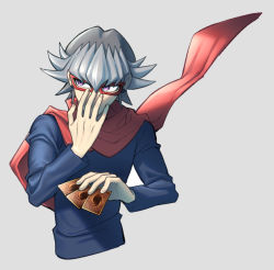 Rule 34 | 1boy, adjusting eyewear, cape, card, character request, commentary request, covering own mouth, glasses, grey background, grey hair, holding, holding card, koma yoichi, long sleeves, male focus, red-framed eyewear, red cape, shirt, solo, upper body, yu-gi-oh!, yu-gi-oh! arc-v