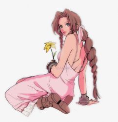Rule 34 | 1girl, aerith gainsborough, annicelric, back, bangle, boots, bracelet, braid, braided ponytail, breasts, brown footwear, dress, final fantasy, final fantasy vii, flower, full body, green eyes, hair ribbon, highres, holding, holding flower, jewelry, kneeling, long dress, long hair, medium breasts, parted bangs, parted lips, pink dress, pink ribbon, ribbon, sidelocks, solo, spaghetti strap, square enix, wavy hair, white background, yellow flower