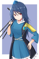 Rule 34 | 1girl, blue background, blue dress, blue hair, blue hat, border, breasts, closed mouth, commentary request, cowboy shot, dark blue hair, dress, hair between eyes, hand on own hip, hand up, hat, holding tripod, iizunamaru megumu, light blush, light smile, long hair, looking at viewer, mari (tmpf8578), medium breasts, pink eyes, simple background, sleeves past elbows, solo, tokin hat, touhou, very long hair, white border