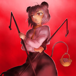 Rule 34 | 1girl, animal ears, basket, dowsing rod, dress, female focus, grey hair, holding, holding with tail, looking down, mouse (animal), mouse ears, mouse tail, nazrin, onsoku inu, prehensile tail, red eyes, solo, tail, touhou