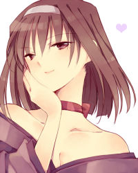 Rule 34 | 00s, 1girl, breasts, brown hair, choker, cleavage, collarbone, facing viewer, hairband, hand on own cheek, hand on own face, heart, japanese clothes, kanzaki sumire, kimono, light smile, lips, looking at viewer, mole, mole under eye, red eyes, red ribbon, ribbon, ribbon choker, sakura taisen, simple background, solo, upper body, wato, white background
