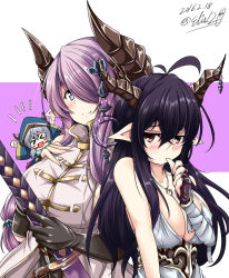 Rule 34 | &gt; &lt;, 10s, 3girls, angry, antenna hair, arms up, back-to-back, bandages, bandaged arm, bandages, bare shoulders, black gloves, black hair, blue eyes, breasts, cleavage, danua, demon horns, draph, dress, elis 120%, closed eyes, fingerless gloves, gloves, granblue fantasy, hair between eyes, hair ornament, hair over one eye, height difference, highres, hood, horn ornament, horns, jewelry, katana, kumuyu, large breasts, light smile, long hair, long sleeves, looking at another, looking at viewer, low twintails, multiple girls, narmaya (granblue fantasy), necklace, open mouth, pointy ears, purple hair, red eyes, silver hair, sword, thumb to mouth, twintails, weapon, white dress, wide sleeves