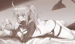 Rule 34 | 1girl, ahoge, artoria pendragon (fate), ass, barefoot, bikini, blonde hair, blue eyes, blush, breasts, butt crack, cleavage, cropped jacket, dim sum, downpants, eating, fate/grand order, fate (series), greyscale, hair between eyes, highres, large breasts, long hair, long sleeves, looking at viewer, lying, mitsurugi sugar, monochrome, mysterious heroine x (fate), mysterious heroine xx (fate), on stomach, ponytail, shrug (clothing), sidelocks, solo, swimsuit, thigh strap, wristband