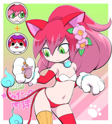 Rule 34 | 1girl, animal ears, animal hands, bell, bikini, blush, cat ears, cat paws, cat tail, collar, cosplay, cowboy shot, elbow gloves, flame-tipped tail, flower, gloves, green eyes, hair flower, hair ornament, high ponytail, jibanyan, jibanyan (cosplay), long hair, mismatched bikini, multicolored hair, multiple tails, navel, neck bell, nollety, notched ear, pink hair, red bikini, solo, swimsuit, tail, thighhighs, traditional youkai, tsubakihime (youkai watch), two-tone hair, two tails, white bikini, youkai watch, youkai watch 3