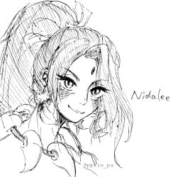 Rule 34 | 1girl, black hair, character name, earrings, eyebrows, eyelashes, eyes visible through hair, facial mark, female focus, forehead jewel, greyscale, hair over one eye, jewelry, league of legends, long hair, looking at viewer, monochrome, necklace, nidalee, otani (kota12ro08), ponytail, portrait, sharp teeth, slit pupils, smile, solo, teeth, tribal, twitter username, white background