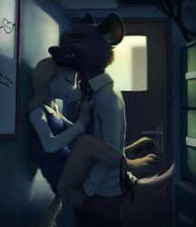 Rule 34 | against wall, aggressive retsuko, body fur, clothes pull, clothing aside, dog, closed eyes, furry, groping, haida (aggretsuko), hetero, highres, hyena, inui (aggretsuko), open mouth, pants, pants pull, s1m, sex, shadow, standing, standing sex, tail