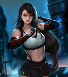 Rule 34 | 1girl, bare shoulders, black hair, black skirt, clenched hands, closed mouth, commentary, earrings, elbow gloves, elbow pads, final fantasy, final fantasy vii, final fantasy vii remake, fingerless gloves, gloves, jewelry, jyundee, long hair, looking to the side, low-tied long hair, midriff, miniskirt, navel, pencil skirt, pleated skirt, red eyes, shirt, skirt, square enix, stomach, suspender skirt, suspenders, tank top, taut clothes, taut shirt, tifa lockhart, white tank top