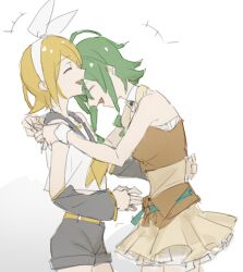 Rule 34 | +++, arm warmers, bare arms, bare shoulders, belt, blonde hair, bow, closed eyes, commentary, cowboy shot, cropped jacket, from side, green hair, grey sailor collar, grey shorts, gumi, hair bow, hands on another&#039;s shoulders, jacket, kagamine rin, laughing, leaning forward, leaning on person, neckerchief, open mouth, orange jacket, orange skirt, sailor collar, shirt, short hair, short hair with long locks, shorts, sidelocks, sketch, skirt, sleeveless, sleeveless jacket, sleeveless shirt, vocaloid, white bow, white shirt, wounds404, yellow neckerchief, yellow skirt