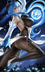 Rule 34 | 1girl, bare shoulders, bell, black bodysuit, black gloves, blue hair, blush, bodice, bodysuit, boots, breasts, closed mouth, cloud, commentary, cowbell, detached sleeves, english commentary, flower, ganyu (genshin impact), genshin impact, gloves, goat horns, high heel boots, high heels, highres, horns, large breasts, long hair, mountain, night, night sky, paid reward available, pantyhose, patreon logo, plant, purple eyes, signature, sky, solo, star (sky), vision (genshin impact), watermark, web address, wei (promise 0820), white footwear