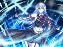 Rule 34 | 10s, 1girl, 2015, black skirt, blue eyes, dated, detached sleeves, garter straps, highres, holding, holding sword, holding weapon, long hair, looking at viewer, original, signature, silver hair, skirt, solo, sword, the-sinner, weapon