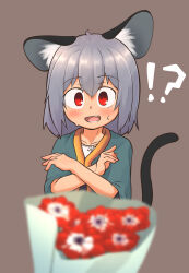 Rule 34 | !, 1girl, ?, absurdres, animal ears, collarbone, crossed arms, flower, greenpiecerice, grey hair, grey vest, highres, looking at viewer, medium hair, mouse ears, mouse girl, mouse tail, nazrin, nervous, nervous smile, red eyes, red flower, smile, sweatdrop, tail, touhou, two-sided fabric, two-sided headwear, vest