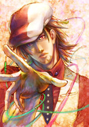 Rule 34 | 10s, 1boy, bad id, bad pixiv id, brown hair, cabbie hat, cable, devilsbones, ebitetsu, facial hair, hat, lips, male focus, necktie, outstretched hand, red eyes, solo, stubble, tiger &amp; bunny, vest, waistcoat
