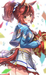 Rule 34 | 1girl, animal ears, black hair, blue jacket, blush, brown eyes, brown hair, clothing cutout, commentary request, confetti, cropped jacket, flying sweatdrops, from behind, highres, horse ears, horse girl, horse tail, jacket, looking at viewer, looking back, meyamu, multicolored hair, nice nature (run&amp;win) (umamusume), nice nature (umamusume), open clothes, open jacket, open mouth, pleated skirt, pom pom (clothes), ponytail, simple background, skirt, solo, streaked hair, tail, tail through clothes, umamusume, wavy mouth, white background, white skirt