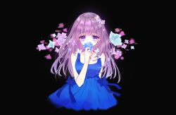 Rule 34 | 1girl, bare arms, bare shoulders, black background, blue bow, blue dress, blue flower, blush, bow, breasts, collarbone, commentary request, covered mouth, danby merong, dress, flower, flower over mouth, hair flower, hair ornament, highres, holding, holding flower, hydrangea, long hair, medium breasts, original, pink flower, purple eyes, purple hair, simple background, sleeveless, sleeveless dress, solo, very long hair, white bow