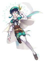 Rule 34 | 1boy, androgynous, artist name, beret, black hair, blue hair, bow, braid, brooch, cape, collared cape, collared shirt, commentary request, corset, feathers, flower, frilled sleeves, frills, full body, gem, genshin impact, gradient hair, green eyes, green hat, green shorts, hair flower, hair ornament, hat, highres, jewelry, kkojae3, korean commentary, leaf, long sleeves, looking at viewer, male focus, multicolored hair, one eye closed, open mouth, pantyhose, pinwheel, shirt, short hair with long locks, shorts, sidelocks, simple background, smile, solo, twin braids, venti (genshin impact), vision (genshin impact), white background, white flower, white pantyhose, white shirt