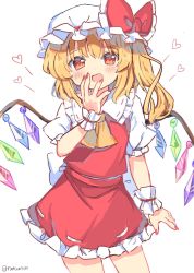 Rule 34 | 1girl, ascot, blonde hair, bow, crystal, flandre scarlet, hair bow, hat, heart, highres, looking at viewer, mob cap, nail polish, one side up, open mouth, ramudia (lamyun), red bow, red eyes, red nails, red skirt, red vest, shirt, short sleeves, simple background, skirt, solo, touhou, twitter username, vest, white background, white hat, white shirt, wings, wrist cuffs, yellow ascot