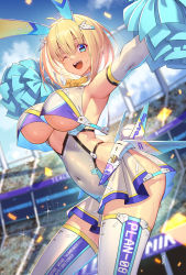 Rule 34 | 1girl, animal ears, armpits, blonde hair, blue eyes, blush, breasts, cheerleader, covered navel, elbow gloves, from side, gloves, highres, large breasts, leotard, looking at viewer, one eye closed, open mouth, original, pom pom (cheerleading), rabbit ears, revision, short hair, smile, solo focus, sophia f shirring, takamine nadare, thighhighs, thighs, underboob, white gloves, white leotard, white thighhighs