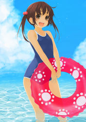 Rule 34 | 1girl, bad id, bad pixiv id, blue sky, brown eyes, brown hair, cloud, day, gradient background, hair bobbles, hair ornament, highres, innertube, maru-pen, ocean, one-piece swimsuit, open mouth, original, school swimsuit, sky, smile, solo, swim ring, swimsuit, twintails