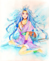 Rule 34 | 1girl, ankle wrap, anklet, barefoot, beads, blue hair, dress, hands on feet, highres, jewelry, long hair, multiple tails, necklace, off shoulder, painting (medium), romancing saga 2, romancing saga re;universe, saga, short dress, sitting, smile, tail, traditional media, very long hair, watercolor (medium), wrist wrap, yuzology