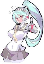 Rule 34 | 1girl, android, aqua hair, blue hair, blush, enpe, headphones, highres, joints, labrys (persona), long hair, looking at viewer, persona, persona 4: the ultimate in mayonaka arena, pleated skirt, ponytail, red eyes, robot joints, school uniform, short hair, simple background, skirt, solo, white background
