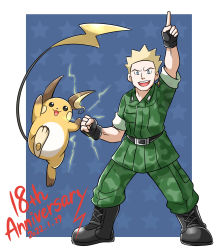 Rule 34 | 1boy, absurdres, anniversary, aogaeru (pixiv46613656), arm up, black footwear, black gloves, blonde hair, blue eyes, boots, clenched hand, commentary request, creatures (company), dated, electricity, fingerless gloves, full body, game freak, gen 1 pokemon, gloves, green jacket, green pants, gym leader, highres, jacket, male focus, nintendo, open mouth, pants, pokemon, pokemon (creature), pokemon frlg, raichu, short hair, short sleeves, spiked hair, standing, surge (pokemon), teeth, tongue, upper teeth only