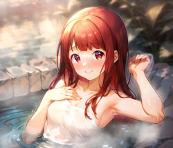 Rule 34 | 1girl, armpits, bare arms, bare shoulders, blurry, blurry background, blush, breasts, closed mouth, collarbone, commentary request, day, depth of field, fingernails, hand on own chest, hands up, highres, idolmaster, idolmaster million live!, long hair, looking at viewer, medium breasts, naked towel, nose blush, onsen, outdoors, partially submerged, qianlou (qianlou12374), raised eyebrows, red eyes, red hair, rock, sidelocks, smile, solo, steam, tanaka kotoha, towel, upper body, water