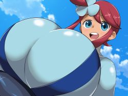 Rule 34 | 1girl, blue eyes, blush, breasts, closed mouth, creatures (company), female focus, game freak, gym leader, hair between eyes, hair ornament, huge breasts, long hair, looking at viewer, nintendo, norio (pheromosa times), open mouth, outdoors, pokemon, pokemon bw, red hair, sky, skyla (pokemon), smile, solo, upper body