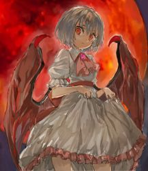 Rule 34 | 1girl, ascot, bat wings, blue hair, brooch, commentary request, dress, frilled shirt collar, frills, jewelry, konabetate, looking at viewer, moon, no headwear, pink ascot, puffy short sleeves, puffy sleeves, red eyes, red moon, remilia scarlet, sash, short hair, short sleeves, solo, touhou, white dress, wings