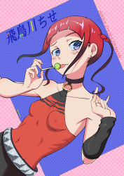 Rule 34 | 1girl, absurdres, arm warmers, asukagawa chise, bare shoulders, belt, black choker, black skirt, blue background, blue eyes, breasts, candy, choker, copyright name, covered erect nipples, covered navel, earrings, food, gradient hair, gridman universe, twirling hair, highres, jewelry, knah, lollipop, multicolored hair, o-ring, pink background, red hair, red shirt, shirt, short twintails, skirt, small breasts, solo, ssss.dynazenon, twintails