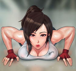 Rule 34 | 1girl, alternate hairstyle, biceps, black hair, blurry, blurry background, breasts, breath, brown eyes, cleavage, covered erect nipples, exercising, final fantasy, final fantasy vii, fingerless gloves, gloves, highres, large breasts, loodncrood, looking at viewer, muscular, muscular female, ponytail, push-ups, solo, square enix, steaming body, sweat, tank top, tifa lockhart