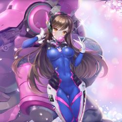 Rule 34 | 1girl, animal print, bad id, bad pixiv id, blue bodysuit, blue sky, blurry, blurry background, bodysuit, branch, breasts, brown eyes, brown hair, blowing bubbles, cherry blossoms, chewing gum, clothes writing, covered navel, cowboy shot, d.va (overwatch), day, facepaint, facial mark, gloves, hand in own hair, headphones, high collar, highres, impossible bodysuit, impossible clothes, long hair, looking at viewer, medium breasts, meka (overwatch), outdoors, overwatch, overwatch 1, pilot suit, rabbit print, ribbed bodysuit, ruffling hair, shoulder pads, skin tight, sky, solo, sparkle, swept bangs, ttaji (pass35), whisker markings, white gloves
