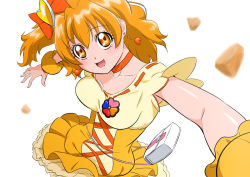 Rule 34 | 1girl, bow, choker, collarbone, cure pine, dress, earrings, fresh precure!, fuchi (nightmare), hair bow, heart, heart earrings, jewelry, looking at viewer, magical girl, one side up, open mouth, orange bow, orange choker, orange eyes, orange hair, petticoat, precure, short hair, simple background, smile, solo, white background, wrist cuffs, yamabuki inori, yellow dress