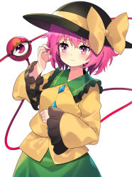 Rule 34 | 1girl, black hat, blouse, blush, bow, breasts, closed mouth, commentary request, cosplay, cowboy shot, eyeball, frilled shirt collar, frills, furrowed brow, green skirt, hand in own hair, hand up, hat, hat bow, highres, komeiji koishi, komeiji koishi (cosplay), komeiji satori, light frown, long sleeves, looking to the side, pink eyes, pink hair, shirt, short hair, simple background, skirt, small breasts, solo, standing, third eye, touhou, white background, wide sleeves, yellow bow, yellow shirt, yuujin (yuzinn333)
