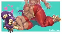 Rule 34 | 1boy, 1girl, aestheticc-meme, all fours, ass, ass grab, blue eyes, breasts, butt crack, dark skin, doggystyle, feet, fingernails, high heels, highres, huge ass, large breasts, long hair, ponytail, purple hair, sex, sex from behind, shantae, shantae (series), sideboob, spanked, sweat, toes, vaginal