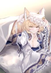 Rule 34 | 1girl, animal ear fluff, animal ears, blonde hair, blush, breasts, cleavage, closed mouth, collarbone, dress, fox ears, fox tail, frilled sleeves, frills, hat, highres, large breasts, long sleeves, lying, mob cap, on stomach, sarasadou dan, short hair, slit pupils, solo, tail, touhou, white dress, white hat, wide sleeves, yakumo ran, yellow eyes