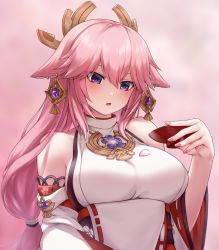 Rule 34 | 1girl, :o, animal ears, bare shoulders, blush, breasts, cherry blossoms, chien zero, commentary, cup, detached sleeves, earrings, eyes visible through hair, floppy ears, fox ears, genshin impact, hair between eyes, highres, holding, holding cup, japanese clothes, jewelry, long hair, looking down, low-tied long hair, medium breasts, nail polish, necklace, nontraditional miko, pink background, pink hair, pink nails, purple eyes, sakazuki, shirt, sidelocks, sleeveless, sleeveless shirt, solo, turtleneck, upper body, vision (genshin impact), white shirt, wide sleeves, yae miko