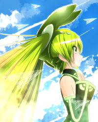 Rule 34 | 1girl, animal ears, blue sky, cloud, detached sleeves, green eyes, green hair, hatsune miku, matching hair/eyes, minamito, paper airplane, profile, rabbit ears, sky, solo, twintails, vocaloid