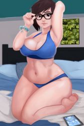 Rule 34 | 1girl, adjusting eyewear, arm behind head, arm up, armpits, bare arms, bare legs, barefoot, bed, bed sheet, bedroom, belly, breasts, brown eyes, brown hair, cleavage, curvy, feet, full body, glasses, highres, indoors, kneeling, large breasts, lips, looking at viewer, mei (overwatch), navel, overwatch, overwatch 1, phone, pillow, plump, sleeveless, solo, tank top, thick thighs, thighs, underwear, wide hips