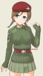 Rule 34 | 1girl, arm at side, badge, belt, beret, blue eyes, blush, braid, brown hair, closed mouth, covered erect nipples, cowboy shot, ebifly, fingernails, freckles, green skirt, green sweater, grey background, hand up, hat, highres, long sleeves, looking at viewer, military, military uniform, original, pleated skirt, red hat, simple background, skirt, sleeves past fingers, sleeves past wrists, smile, solo, standing, sweater, twin braids, twitter username, uniform