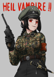 Rule 34 | !, !!, 1girl, absurdres, arm behind back, badge, belt, belt buckle, black gloves, black hair, black hat, black ribbon, black skirt, blunt bangs, blunt ends, braid, braided ponytail, breasts, brown belt, brown shirt, buckle, buttons, camouflage, camouflage jacket, collar tabs, collared jacket, collared shirt, commentary, cowboy shot, cross, dagger, english commentary, fang, fang out, finger on trigger, gloves, green jacket, grey background, grey hat, gun, handgun, hat, hat ornament, highres, holding, holding gun, holding weapon, iron cross, jacket, knife, large breasts, layered sleeves, long hair, long sleeves, looking at viewer, mardjan, mauser c96, military, military hat, military jacket, military uniform, multicolored clothes, multicolored jacket, multicolored ribbon, nazi, nazi party pin, original, parted lips, peaked cap, pleated skirt, pointy ears, red eyes, red ribbon, reichsadler, ribbon, rifle, sheath, sheathed, shirt, shoulder boards, sideways glance, sigrunen, simple background, single braid, skirt, skull and crossbones, skull hat ornament, smile, solo, ss insignia, swastika, tassel, totenkopf, two-tone headwear, undershirt, uniform, waffen-ss, weapon, white ribbon, white trim, world war ii