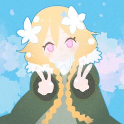Rule 34 | 1girl, blonde hair, blue sky, blush, braid, closed mouth, double v, flower, fur-trimmed hood, fur trim, green jacket, hair flower, hair ornament, highres, hood, hooded jacket, jacket, long hair, long sleeves, looking at viewer, misono chiaya, pink eyes, shinbashi seiji, sky, smile, solo, straight-on, the rolling girls, twin braids, upper body, v, white flower